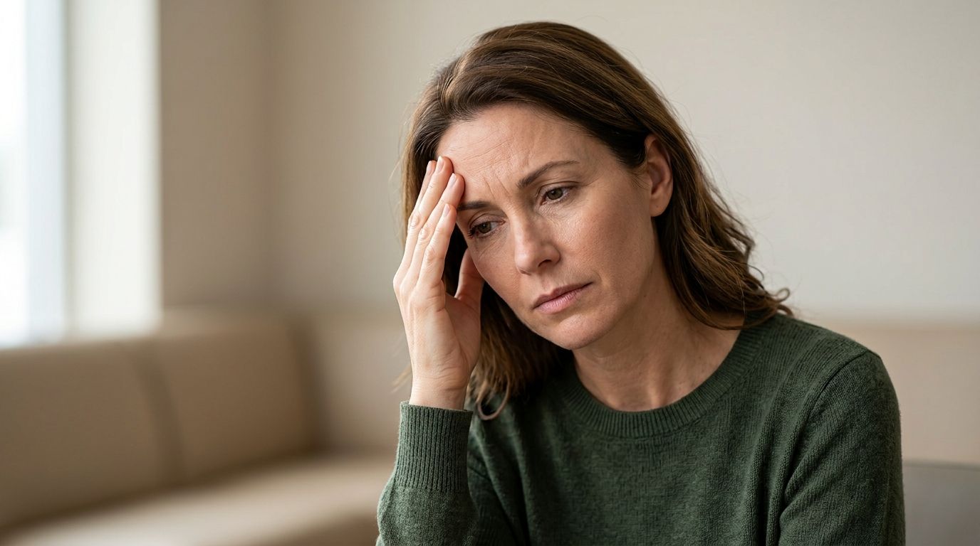 Капельницы с Глиатилином Женщина в зелёном свитере держится за лоб